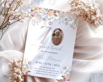 Floral 70th Birthday Invitation Template, Photo 70th Invitation, 70 Years Loved, Female 70th Birthday, Invitation for Women