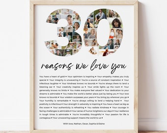 30 Reasons We Love You Printable, Number 30 Photo Collage, 30th Birthday Gift, 30th Anniversary, 30 Things We Love Poster, Editable Template