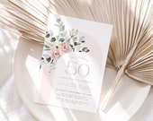 Dusty Pink Floral 50th Birthday Invitation Template, Floral Arch 50th Birthday, Editable Template, Any Age Birthday Invite, Female Birthday