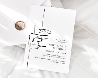 Plantilla moderna de invitación de cumpleaños número 50, invitación mínima de cumpleaños número 50, plantilla editable, invitación de cumpleaños de cualquier edad, invitación de cumpleaños masculina