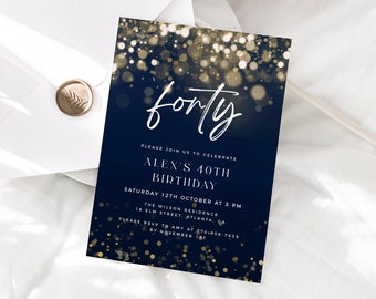 Navy Blue 40th Birthday Invitation Template, Male 40th Birthday Invite, Editable Template, Any Age Birthday Invite, Lights Birthday Invite