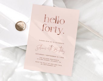 Pink 40th Birthday Invitation Template, Feminine 40th Invite, Minimalist 40th Birthday, Editable Template, Any Age, 40th Birthday For Women