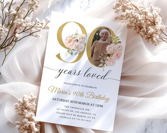 Floral 90th Birthday Invitation Template, 90 Years Loved Invitation, Blush Pink and Gold, Photo 90th Invitation For Women, Editable Template