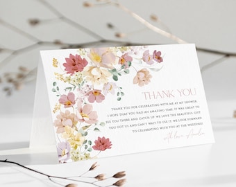 Floral Thank You Card Template, Dusty Pink Bridal Shower Thank You, Editable Template, Custom Thank You Card, Spring Thank You Card, BRI4