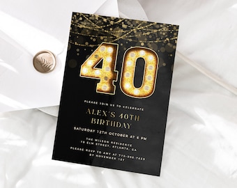 Lights 40th Birthday Invitation Template, Black 40th Birthday Invite, Editable Template, String Lights 40th Birthday, Male 40th Birthday