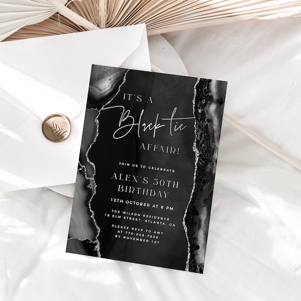 Black Birthday Invitation Template, Male 30th Birthday Invite, Editable Template, Any Age Birthday, Black Tie, Cocktail Party, Silver