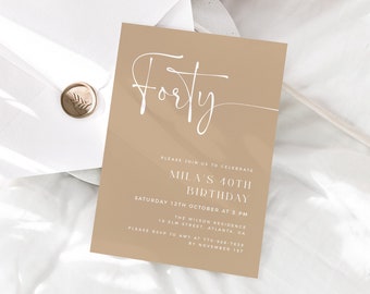 Minimalist Birthday Invitation Template, Beige 40th Birthday Invite, Editable Template, 40th Birthday Invite for Women, Any Age Invite