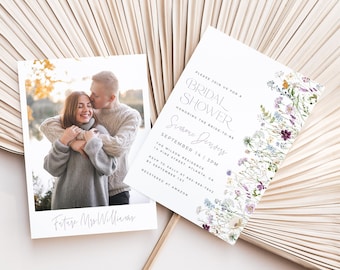 Plantilla de invitación de despedida de soltera de flores silvestres, despedida de soltera de primavera, floral de verano, despedida de soltera de jardín, plantilla editable, flores moradas