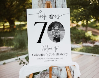 Male 70th Birthday Welcome Sign, Look Who&#39;s 70 Birthday Welcome Sign, Editable Template, Modern Welcome Poster, Photo Birthday Welcome Sign
