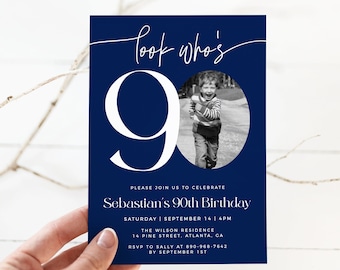 Navy Blue 90th Birthday Invitation Template, Look Who's 90, Photo 90th Birthday Invite, Editable Template, Any Age, Male Birthday Invite