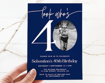 Navy 40th Birthday Invitation Template, Look Who's 40, Photo 40th Birthday Invite, Editable Template, Any Age, Male 40th Birthday Invite