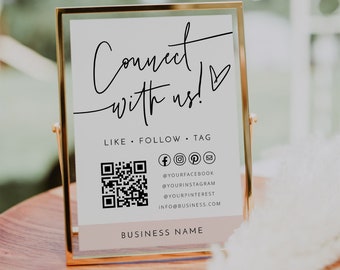 Plantilla de signo de redes sociales, signo de conexión con nosotros, signo de pequeña empresa, signo de código QR, Facebook, signo de Instagram, síguenos en las redes sociales
