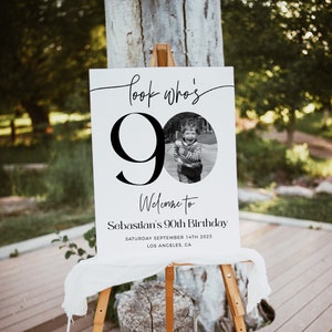 Male 90th Birthday Welcome Sign, Look Who&#39;s 90 Birthday Welcome Sign, Editable Template, Modern Welcome Poster, Photo Birthday Welcome Sign