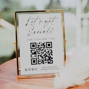 Plantilla de signo de redes sociales, obtengamos signo social, signo de pequeña empresa, signo de código QR, Facebook, signo de Instagram, síguenos en las redes sociales
