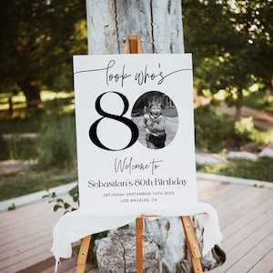 Willkommensschild zum 80. Geburtstag eines Mannes, Willkommensschild zum 80. Geburtstag, bearbeitbare Vorlage, modernes Willkommensposter, Foto-Geburtstags-Willkommensschild