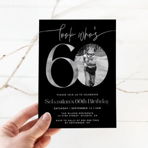 Male 60th Birthday Invitation Template, Look Who's 60, Photo 60th Birthday Invite, Editable Template, Any Age, Black and Silver Birthday