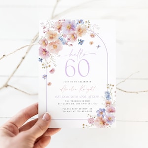 Modello di invito floreale per il 60° compleanno, invito per il 60° compleanno dell'arco viola, modello modificabile, invito di compleanno di qualsiasi età, compleanno femminile