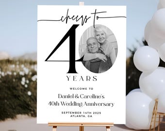 40th Anniversary Welcome Sign Template, Cheers To 40 Years, Black and White, Editable Template, Photo Anniversary Welcome Sign, 40 Years