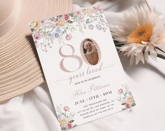 Floral 80th Birthday Invitation Template, Photo 80th Invitation, 80 Years Loved, Female 80th Birthday, Invitation for Women