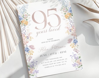 Floral 95th Birthday Invitation Template, 95 Years Loved Invitation, Blue Floral Invite, 95th Invitation For Women, Editable Template