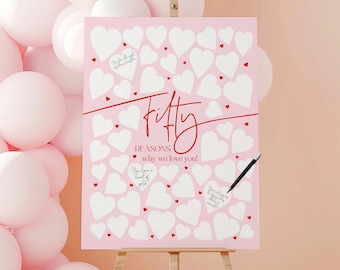50 Reasons We Love You Printable, 50 Things We Love About You, Pink 50th Birthday Gift, Women, Mom Birthday Gift, Birthday Signature Board
