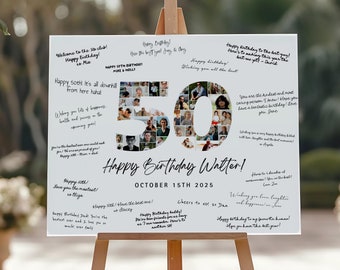 Collage fotografico per il 50° compleanno, cartellone per la firma del 50° compleanno, collage numero 50, 50° anniversario, decorazione per il 50° compleanno maschile, modello Canva