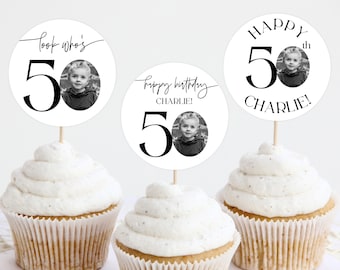 50th Birthday Cupcake Topper, 50th Cupcake Toppers, Look Who's 50, Photo Cupcake Toppers, Male Birthday Cupcake Toppers, Editable Template