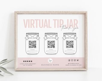 Virtual Tip Jar Printable Sign, Tip Your Bartender, Venmo Payment Sign, Cash App, Paypal, QR Code Sign, Editable Virtual Tip Jar Template