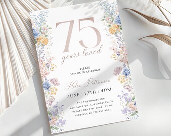Floral 75th Birthday Invitation Template, 75 Years Loved Invitation, Blue and Pink, 75th Invitation For Women, Editable Template
