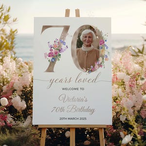 Frühling 70er Geburtstag Willkommensschild, 70 Jahre geliebt Zeichen, Blumen 70er Geburtstag, Foto Willkommensschild, bearbeitbare Vorlage, weiblicher 70er Geburtstag