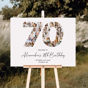 Collage de fotos del 70.° cumpleaños, cartel de bienvenida del 70.° cumpleaños, collage del número 70, póster de 70 años, tablero del 70.° cumpleaños, plantilla de Canva