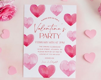Invitación para fiesta de San Valentín, invitación de San Valentín con corazones, plantilla editable, fiesta de San Valentín con amigos, invitación de San Valentín