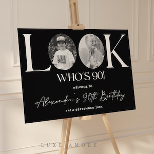 Male 90th Birthday Welcome Sign, Black Birthday Welcome Template, Look Who&#39;s 90, Editable Welcome Poster, Photo Birthday Welcome Sign