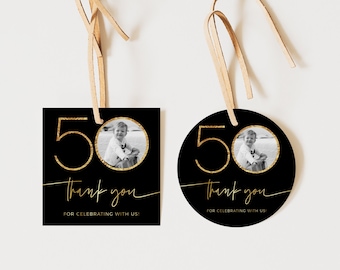 50th Birthday Favor Tags, 50th Thank You Tags, Look Who's 50, Black 50th Birthday Gift Tag, Editable Template, Black and Gold Gift Tag