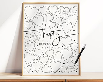 30 razones por las que te amamos para imprimir, 30 cosas que amamos de ti, decoraciones de cumpleaños, tablero de firmas de cumpleaños, póster de deseos de cumpleaños con forma de corazón