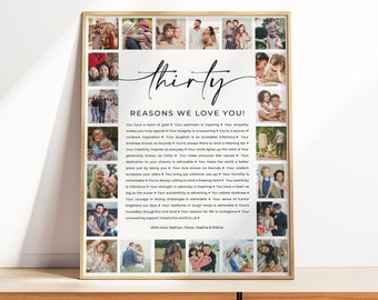30 Reasons We Love You Poster, Custom Photo Collage, 30th Birthday Gift, 30th Anniversary Gift, 30 Things We Love, Editable Template