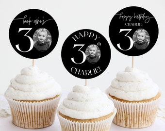 30th Birthday Cupcake Topper, Black Cupcake Toppers, Look Who's 30, Photo Cupcake Toppers, Male Birthday Cupcake Toppers, Editable Template
