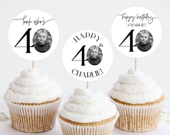 40th Birthday Cupcake Topper, 40th Cupcake Toppers, Look Who's 40, Photo Cupcake Toppers, Male Birthday Cupcake Toppers, Editable Template
