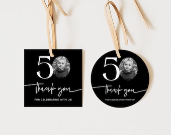 50th Birthday Favor Tags, 50th Thank You Tags, Look Who's 50, Black 50th Birthday Gift Tag, Editable Template, Any Age, Black Gift Tag