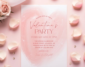 Invitación para fiesta de San Valentín, invitación para San Valentín con corazón ruborizado, plantilla editable, fiesta de San Valentín con amigos, invitación para San Valentín
