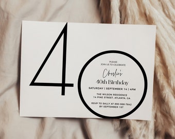 Plantilla minimalista de invitación de cumpleaños número 40, invitación moderna de cumpleaños número 40, plantilla editable, invitación de cumpleaños de cualquier edad, invitación de cumpleaños masculina