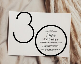 Può includere: Un invito bianco con testo nero e un grande numero nero 30. Il testo recita "Ti invitiamo a festeggiare il 30° compleanno di Charlie, Sabato | 14 settembre | 16:00, The Wilson Residence, 14 Pine Street, Atlanta, GA, RSVP a Sally al 890-968-7642 entro il 1° settembre."