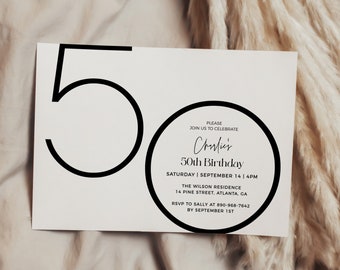 Plantilla moderna de invitación de cumpleaños número 50, invitación mínima de cumpleaños número 50, plantilla editable, invitación de cumpleaños de cualquier edad, invitación de cumpleaños masculina