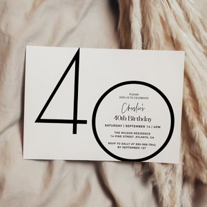 Modèle d'invitation d'anniversaire minimaliste 40e, invitation d'anniversaire moderne 40e, modèle modifiable, invitation d'anniversaire de n'importe quel âge, invitation d'anniversaire masculin