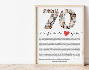Könnte beinhalten: Ein gerahmtes Foto-Collage in Form der Zahl 70, mit einem roten Herzen und dem Text "70 Gründe, warum wir dich lieben". Die Collage besteht aus vielen kleineren Fotos von Menschen. Unter der Collage befindet sich eine Liste mit 70 Gründen, warum jemand geliebt wird.