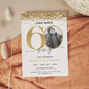 Gold 60th Birthday Invitation Template, Photo 60th Invitation, Look Who&#39;s 60, Male Birthday Invite, Unisex 60th Invite, Editable Template