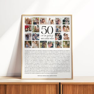 50 Gründe, warum wir dich lieben, Foto 50. Geburtstag Zeichen, 50. Geburtstag Poster, personalisiertes Geschenk, Geschenk für sie oder ihn, 50 Dinge, die wir lieben