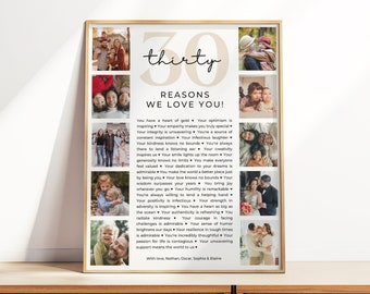 30 Reasons We Love You Printable, Custom Photo Collage, 30th Birthday Gift, 30th Anniversary, 30 Things We Love Poster, Editable Template