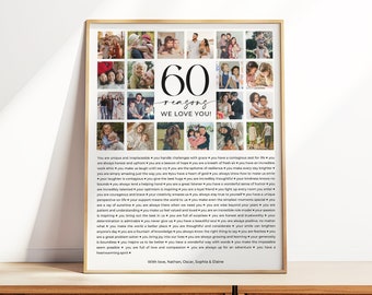 60 Reasons We Love You Printable, Photo 60th Birthday Sign, 60th Birthday Poster, Personalised Gift, Gift For Her or Him, 60 Things We Love
