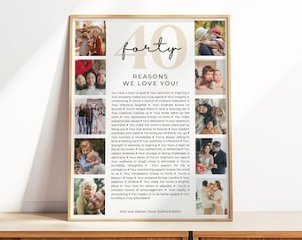 40 Reasons We Love You, Editable Custom Photo Collage, 40th Birthday Poster, 40th Anniversary, Friend Birthday Gift, Gift For Him or Her